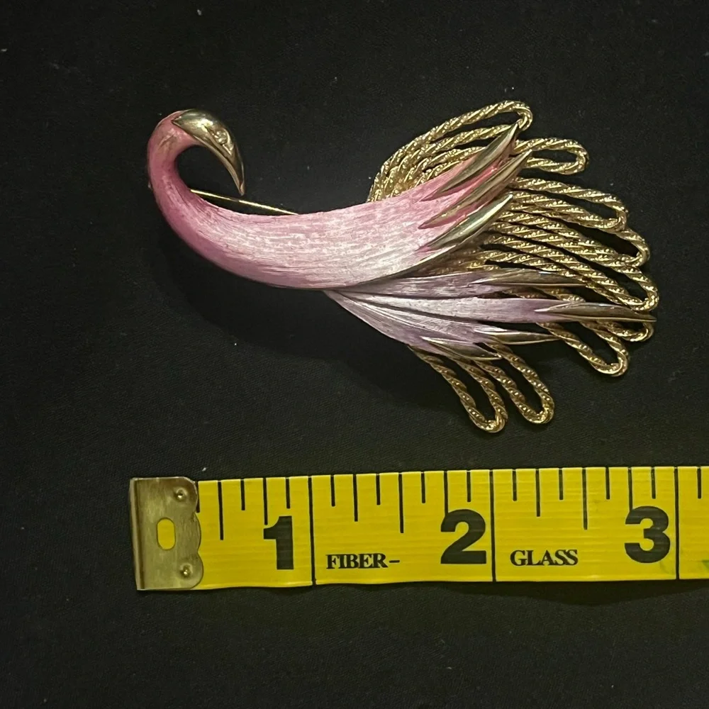 Vintage Gold Tone Stylized Bird Brooch with Pink and Purple feathers